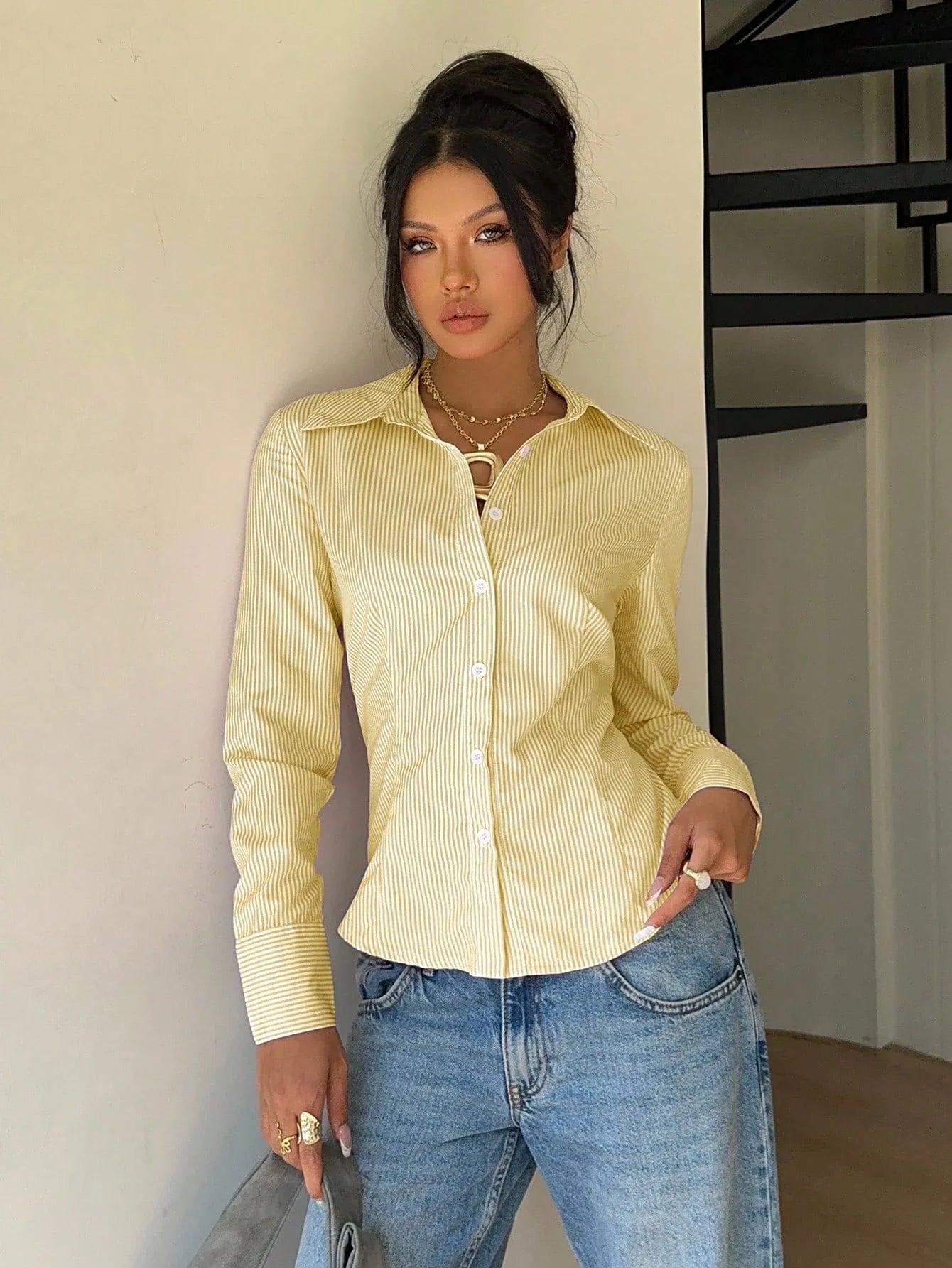 Women's Elegant Back Tie Design Long Sleeve Shirt Office Lady Slim Fit Stripe Turn-down Collar Blouse Spring Fall