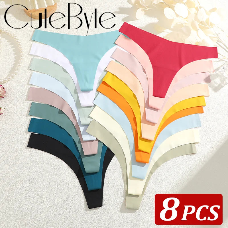 8PCS/Set Seamless Ice Silk Panties Women V-Waist Underwear Sexy Sports Briefs Panties Female Soft Ultra-thin Lingerie G-string