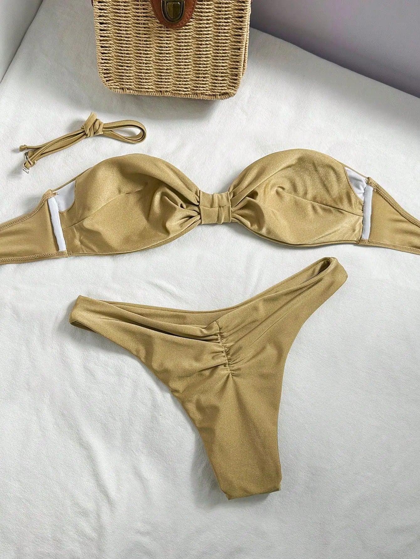 Sexy Bandeau Bikini 2026 Women Coffee Braiding Rope Pleate Tie Push Up High Waist Swimsuit Beach Holiday Bathing Suit Swimwear