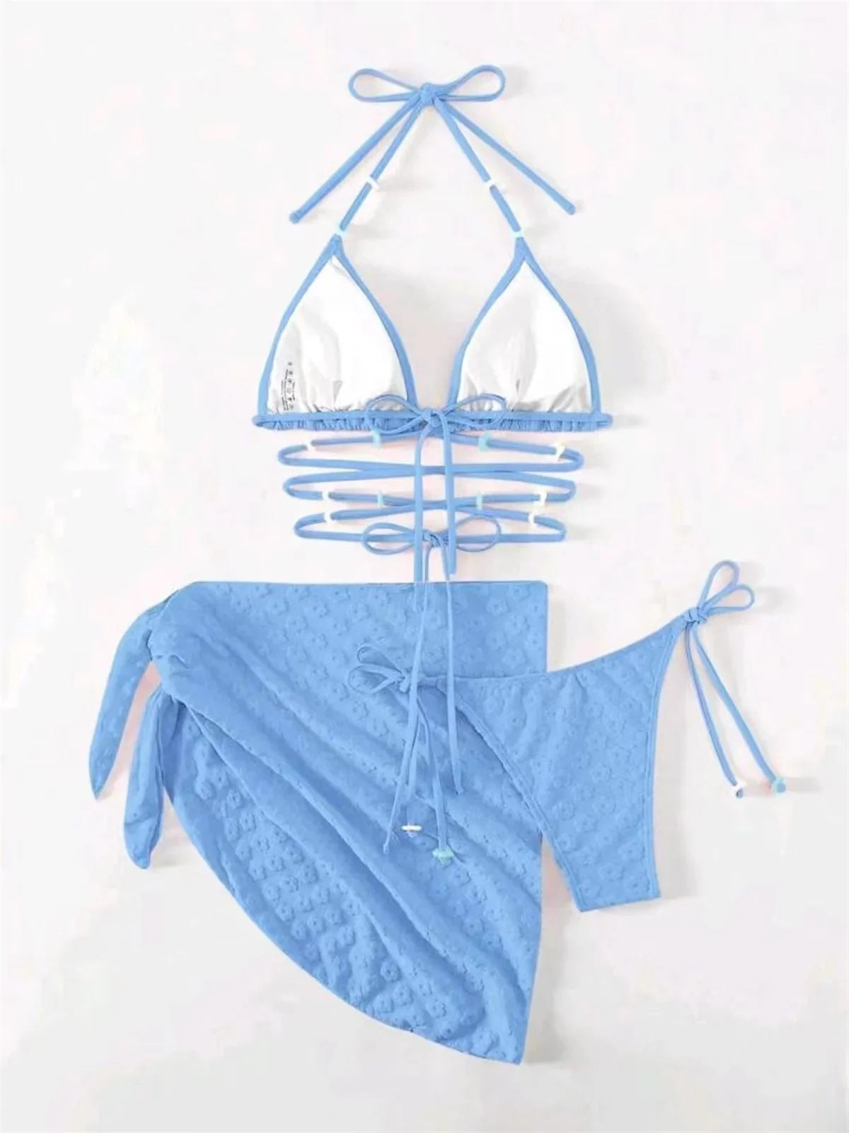 Mesh Skirt Pleated Bikini Set Women Blue White Floral Designer Criss Cross Swimsuit 3 Piece Bathing Suit Cover Up Swimwear 2024