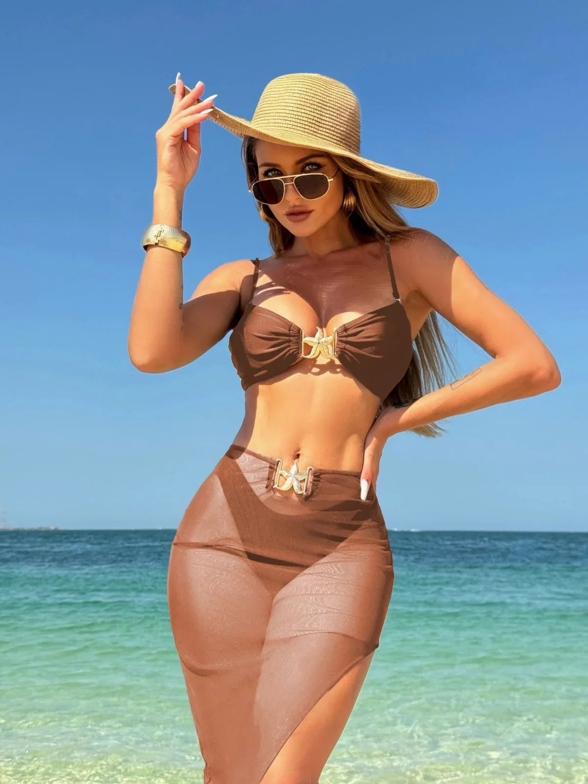 Sexy White Black Skirt 3 Piece Bikini Set 2025 Women Starfish Ornament Push Up High Waist Swimsuit Beach Bathing Suit Swimwear