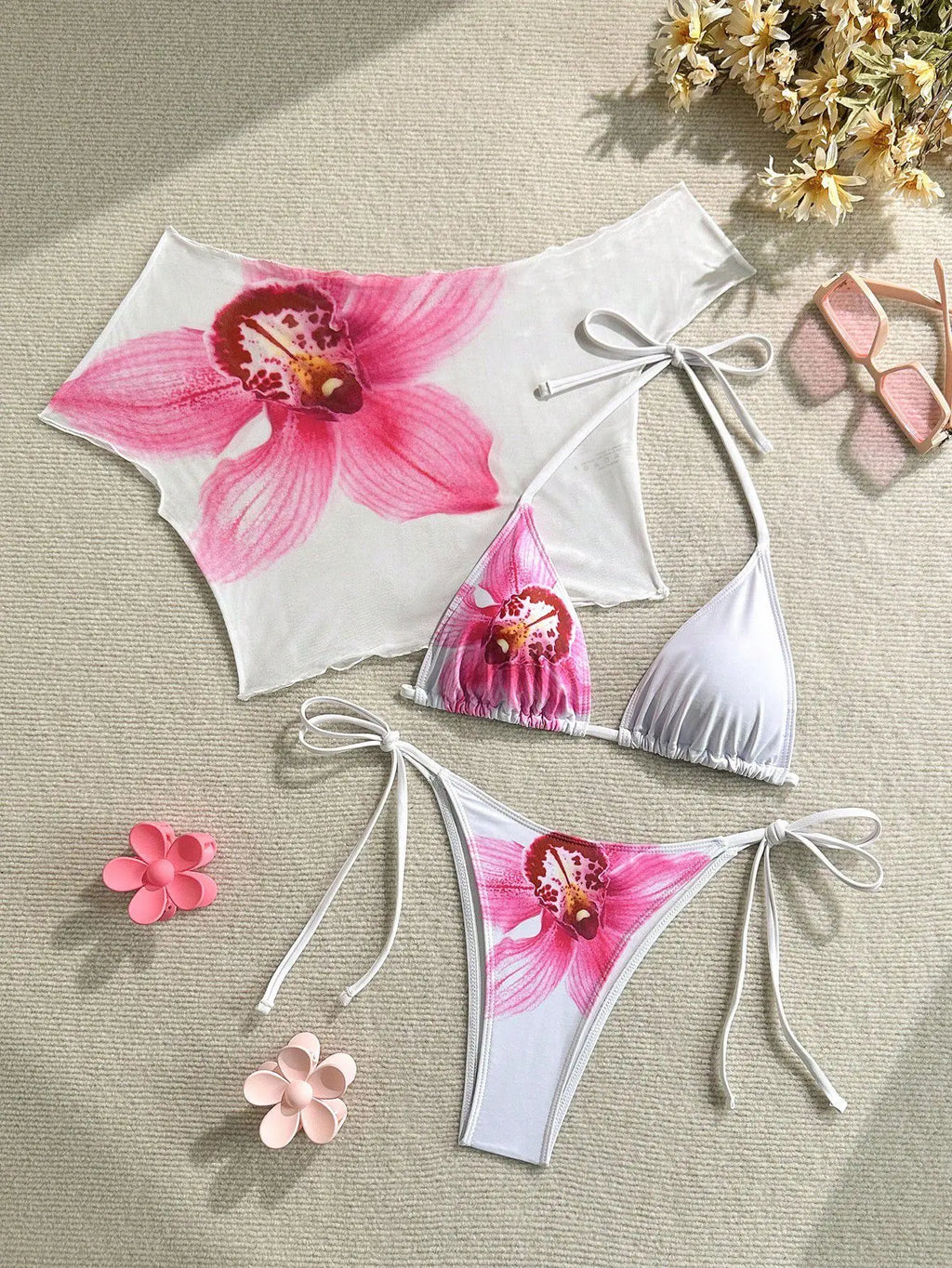 Sexy Pink Floral Print Short Sleeve Cover Up 3 Piece Bikini Set 2026 Women Push Up Thong Swimsuit Holiday Bathing Suit Swimwear