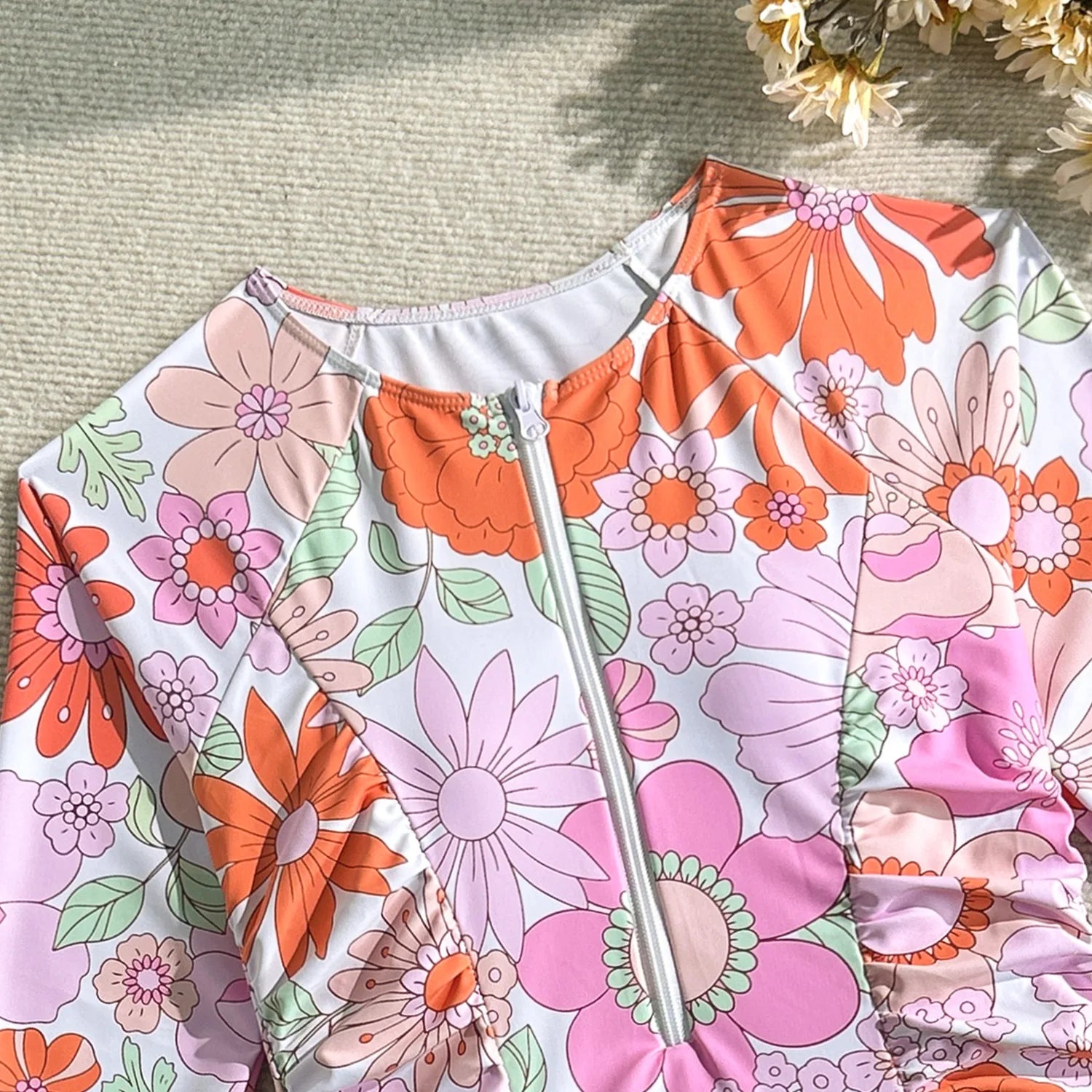 Vintage Pink Floral Print Swimwear Women 2026 Front Zipper Long Sleeve Sunscreen One Piece Swimsuit Bathing Suit Surf Monokini