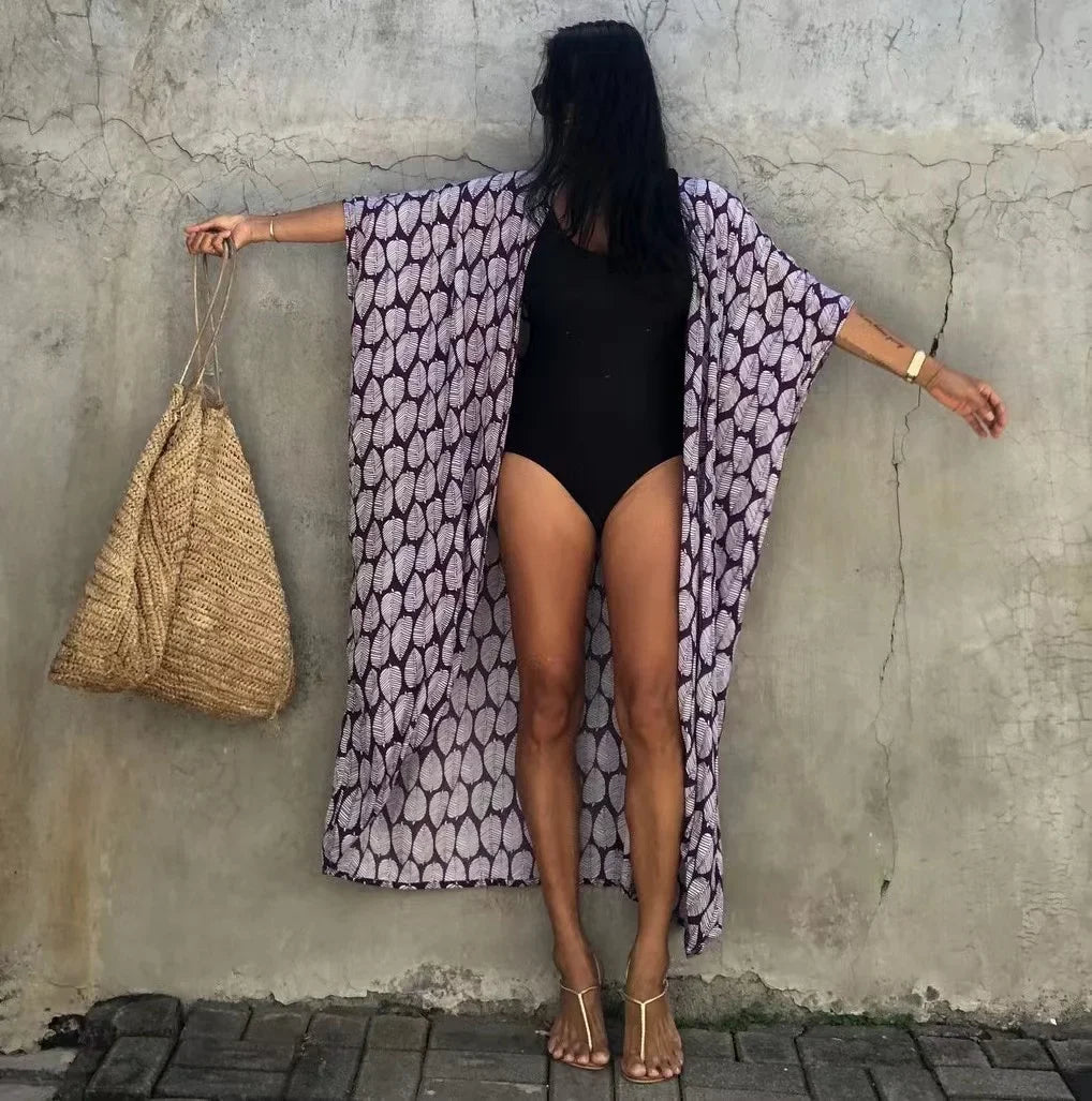 2024 New Summer Sexy Beach Kimono Swimwear Cotton Cover Up Swimsuit Women Print Bikini Cover Up Beachwear Dress Robe