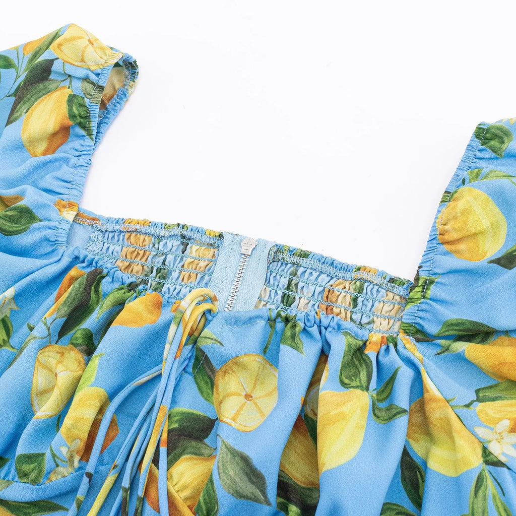 French Vacation Style Casual Sky Blue Lemon Print Short Shirt For Woman Pure Desire Elegant For Women Square Neck Summer WTGS