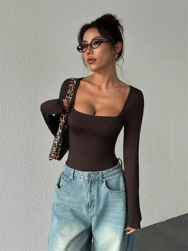 Basic Square Neck Long Sleeve Bodysuit Blouse for Women Autumn Winter Sexy Slim Fit Solid Color Bodysuits Streetwear Y2K