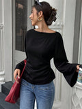 Women's Casual Solid Color Boat Neck Flare Sleeve T-Shirt Elegant Back Tie Slim Fit Long Sleeve Tops Spring/Fall