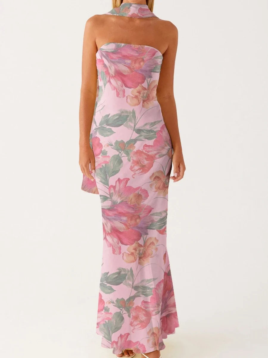Women Long Bodycon Dress With Scarf Tube Maxi Dress Sexy Summer Strapless Dresses Off Shoulder Sundress Evening Vestidos