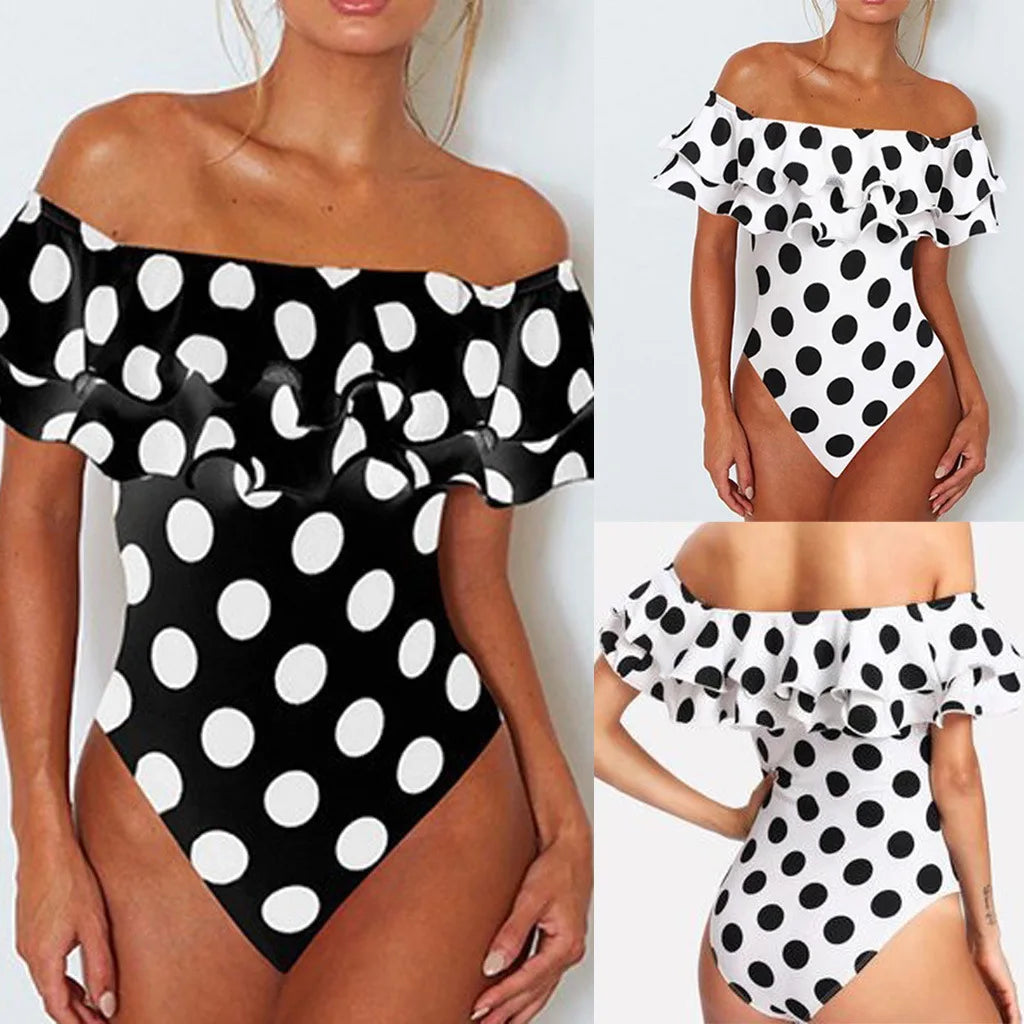 Black and White Polka Dot Ruffled One-Piece Swimsuits Sexy Push Up Bathing Suit Bodysuit Girl Beach Backless Swimwear Monokini