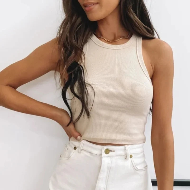 Ribbed Tank Top Women White Summer Casual Fitness Short Vest Candy Colors Knitted Off Shoulder Sexy Crop Top Women