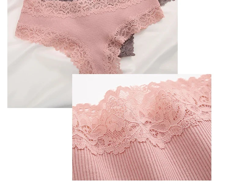 5Pcs Women Cotton Brazilian Pants Sexy Lace Brazilian Briefs Low Waist Floral Solid Color G-string Breathable Soft Lingerie