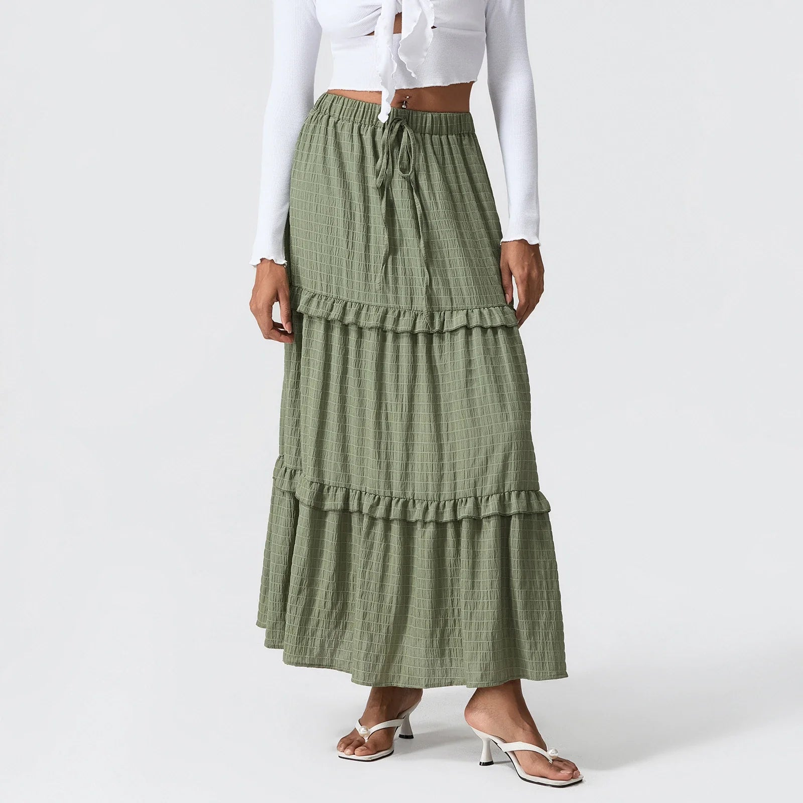 Elegant Women Long Tiered Skirt Summer Autumn Casual Ruffled Shirred Frill Trim Elastic Waist Drawstring A-Line Skirt Streetwear