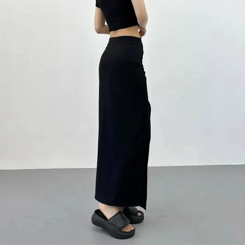 2026 New Pleated Side High Slit Half Length Skirt Women's Summer Spicy Girl Pure Desire Slim Wrap Hip Solid A-line Skirt 7MHN