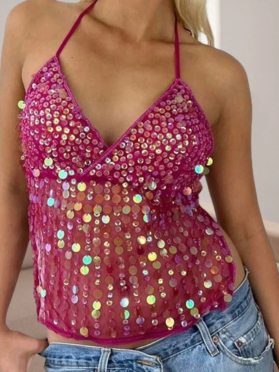 Women's Solid Color Halter Neck Crop Tops Summer Sleeveless V neck Open Back Slim Fit Tie Up Sequins Camis Tops