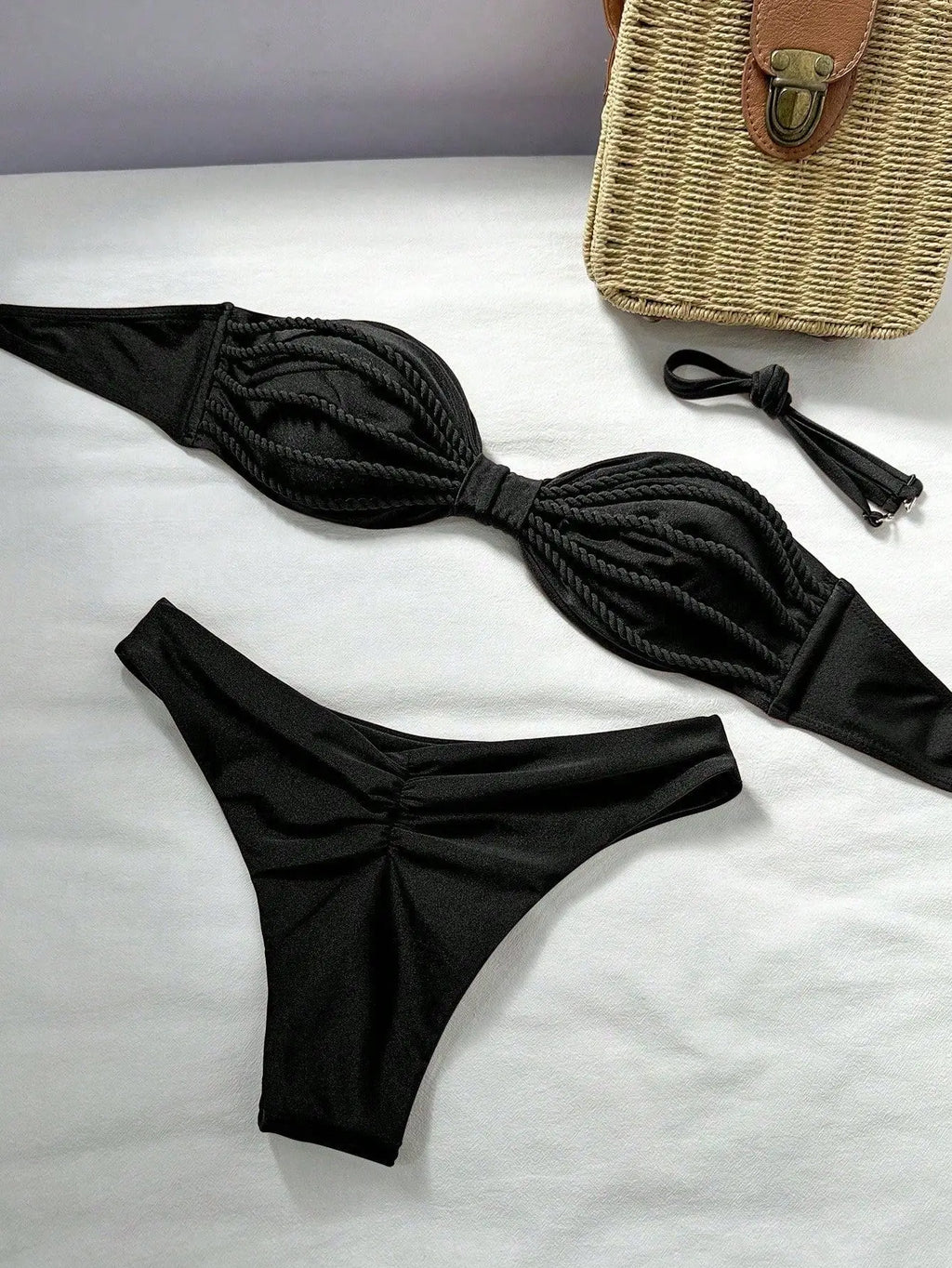 Sexy Bandeau Bikini 2026 Women Coffee Braiding Rope Pleate Tie Push Up High Waist Swimsuit Beach Holiday Bathing Suit Swimwear