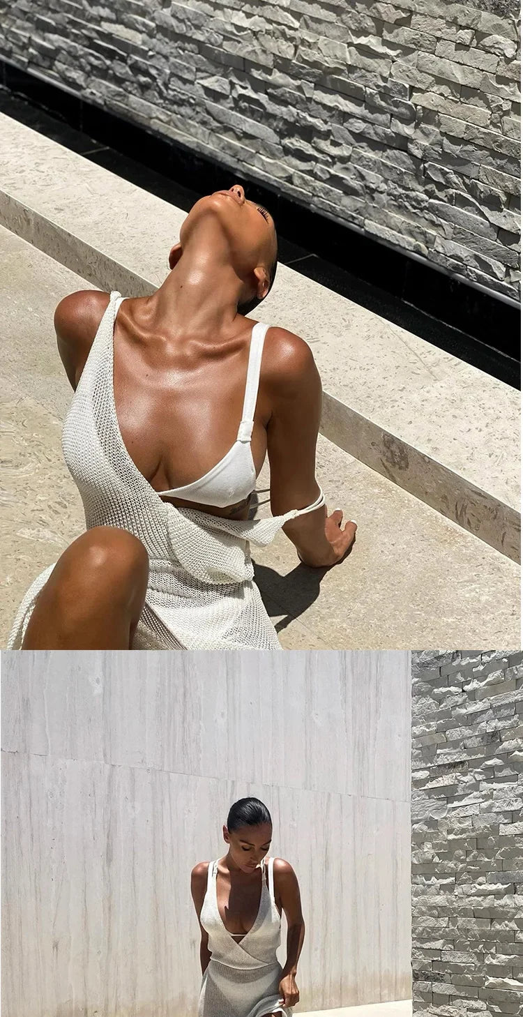 2023 New Crochet Beach Maxi Dress for Women See Through Sexy Bikini Plunge Backless Bandage Sleeveless Lacing Split Long Dresses
