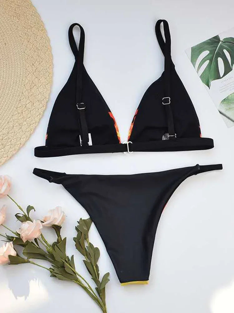 Fire Print Bikini Sexy Off Shouler Women Swimsuit Push Up Plaid Swimwear Brazilian Bikini Set Bathing Suit Trajes De Baño Mujer