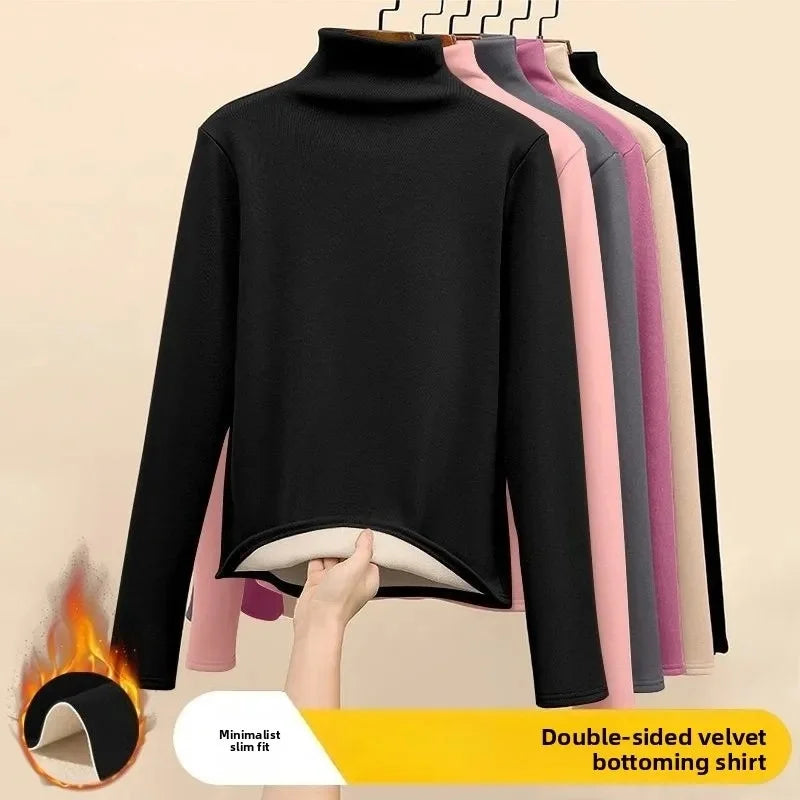 Women Thermal Underwear Winter Thickened and Flannel Bottom Shirt Solid Long Sleeve Basic T-Shirt Heating Fiber Pullovers