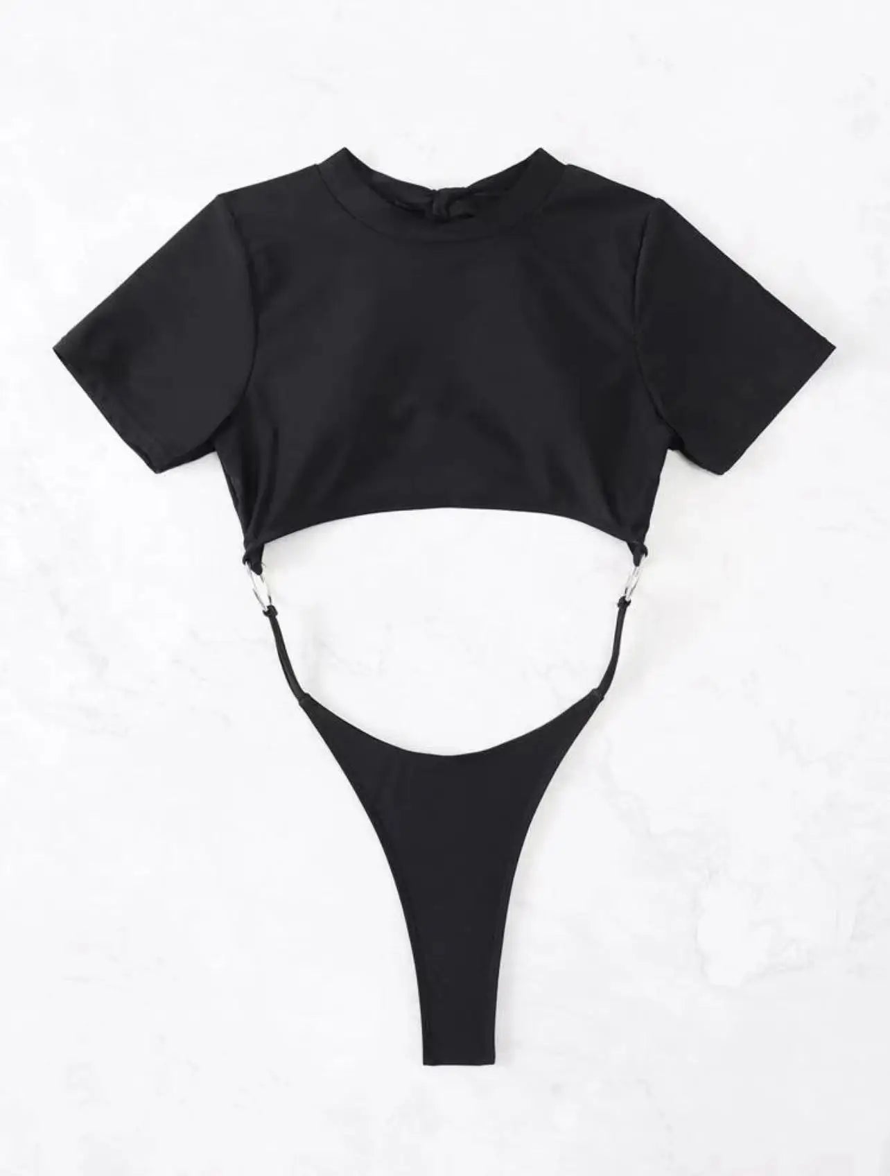 Bikini Women Swimsuit 2024 Blue Short Sleeve Hollow Out Thong Monokini Brazilian Beach Bathing Suit Push Up One Piece Swimwear