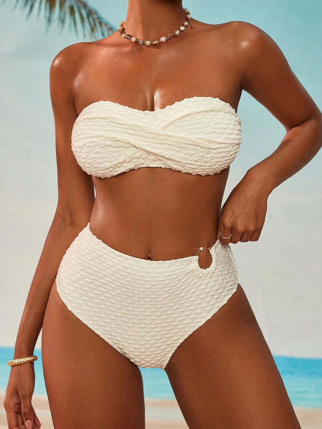 2026 2Pcs Sexy Bikinis Set Women High Waist Strapless Push Up Bra Solid Color Knot Padded Bras Briefs Bikini Swimwear Swimsuit