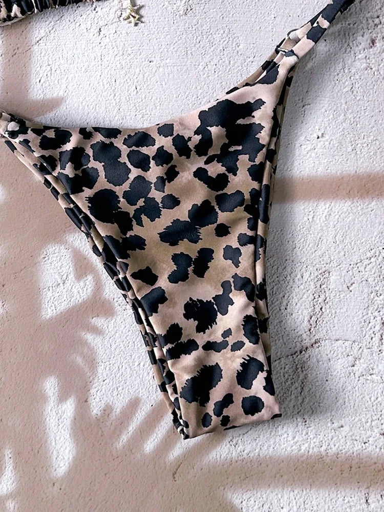 2026 Sexy Bikini 2 Piece Set Drawstring Straps Black Leopard Print Swimsuit For Women Summer New A Knot On The Chest