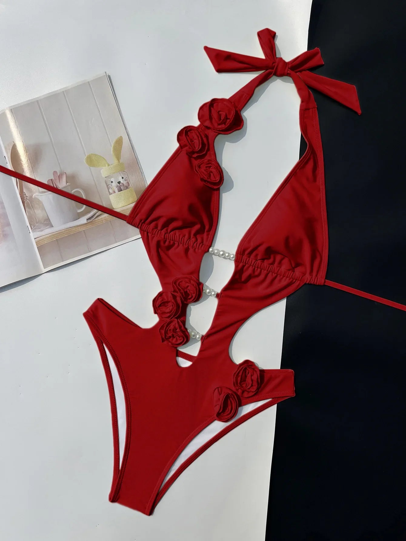 Sexy Pearls 3D Flower Deigner One Piece Swimsuit 2026 Women Beige Hollow Out Bandage Backless Bathing Suit Swimwear Monokini