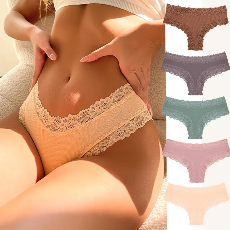 New Lace Seamless Cotton Panties Ribbed Maillard Brazilian Pants LowWaist Women Panties Breathable Girls Underwear Soft Lingerie