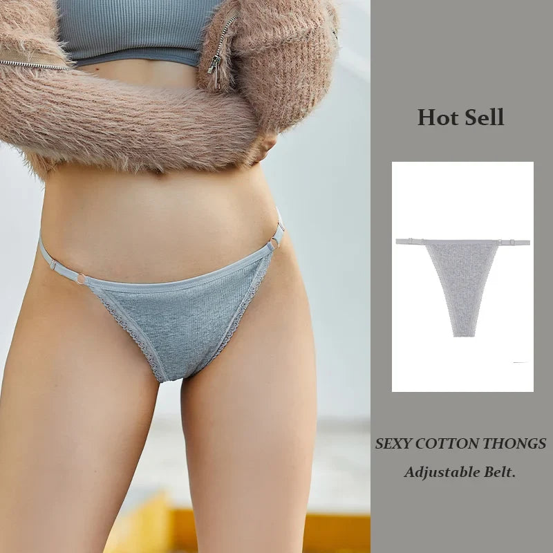 Sexy Women Cotton Thongs Adjustable Belt Seamless Panties Breathable Low Waist Lingerie Female Soft Solid Color Intimates