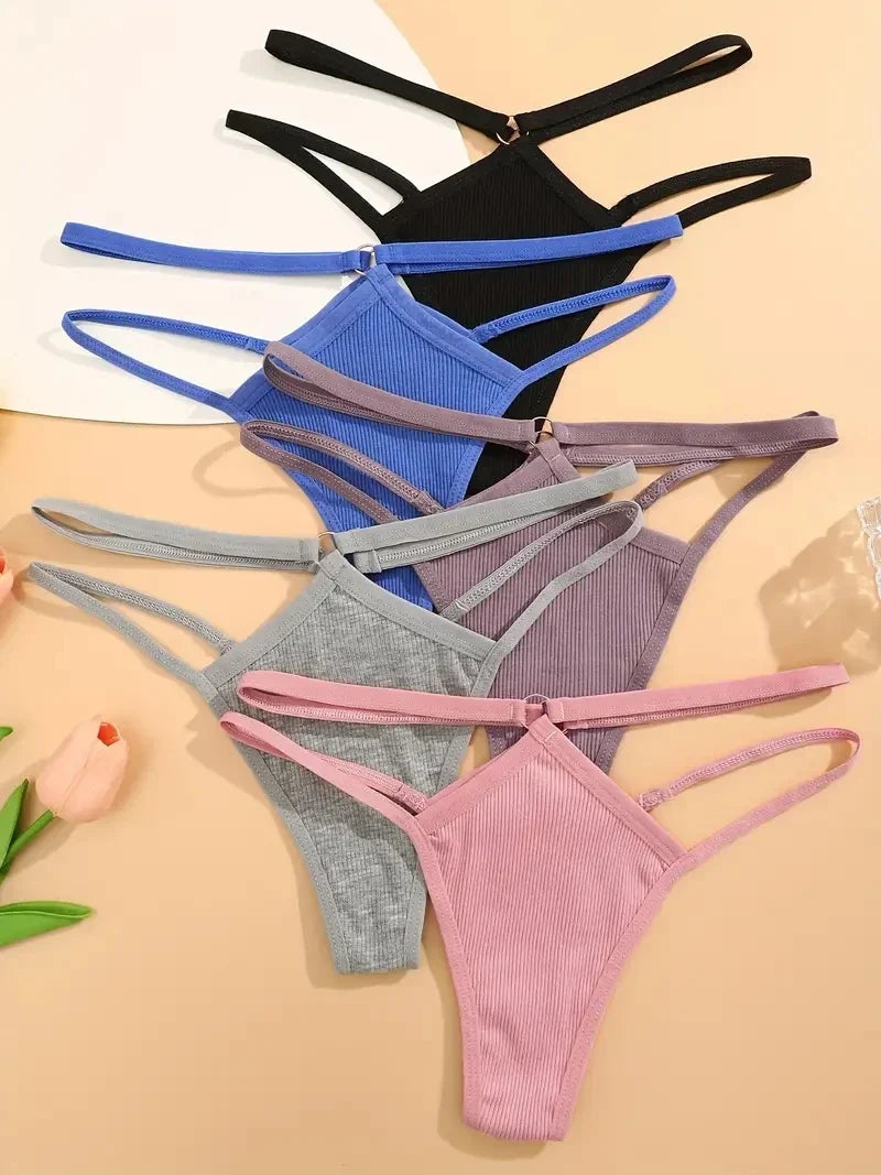 5PCS Women Sexy Cotton Panties Two Belts Hollow Out G-String Thongs Breathable Underwear for Female Solid Color Lingerie S-XL