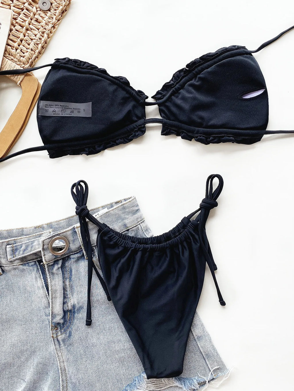 Pleated Swimsuit Women Hollow Out Bandage Ruffles Push Up Triangle Bikini Brazilian Black Green Bathing Suit Micro Swimwear 2025