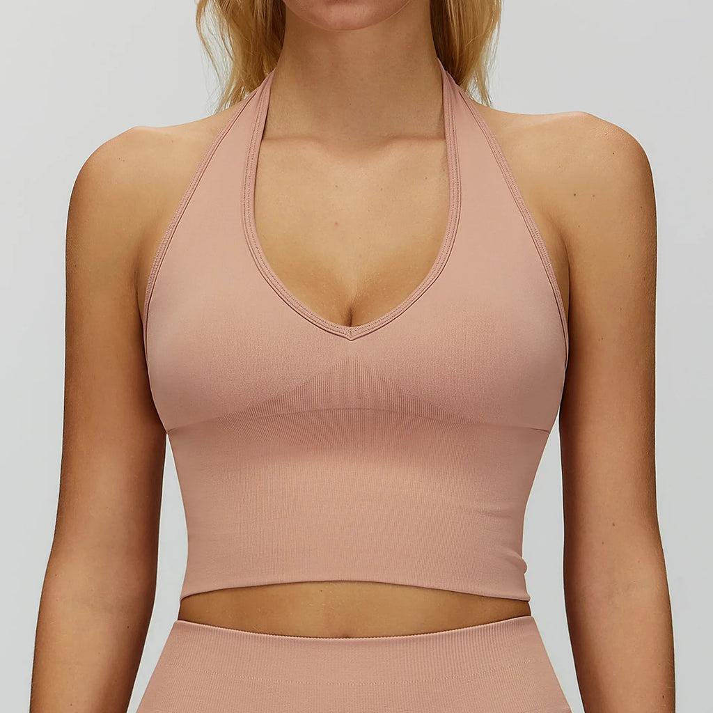 Seamless High Stretch Sports Bra Women Halter Yoga Bra Padded Backless Sports Bras Gym Crop Top Push Up Workout Yoga Tops Woman