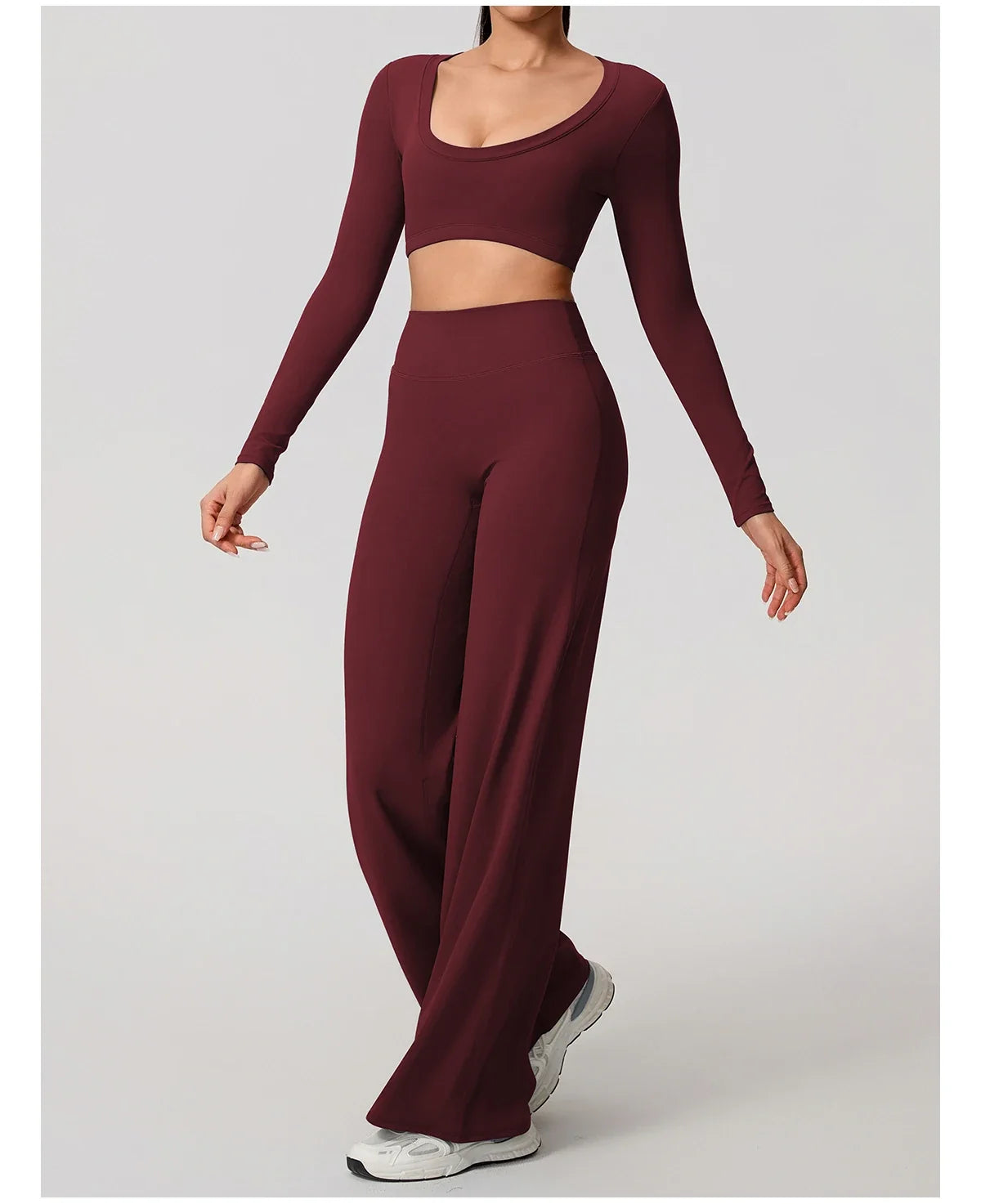 Hearuisavy Sports Set 2Pcs Women's  Long Sleeve Backless Fitted Fitness Top Push Up Pilates Yoga Top Wide Leg Straight Leg Pants