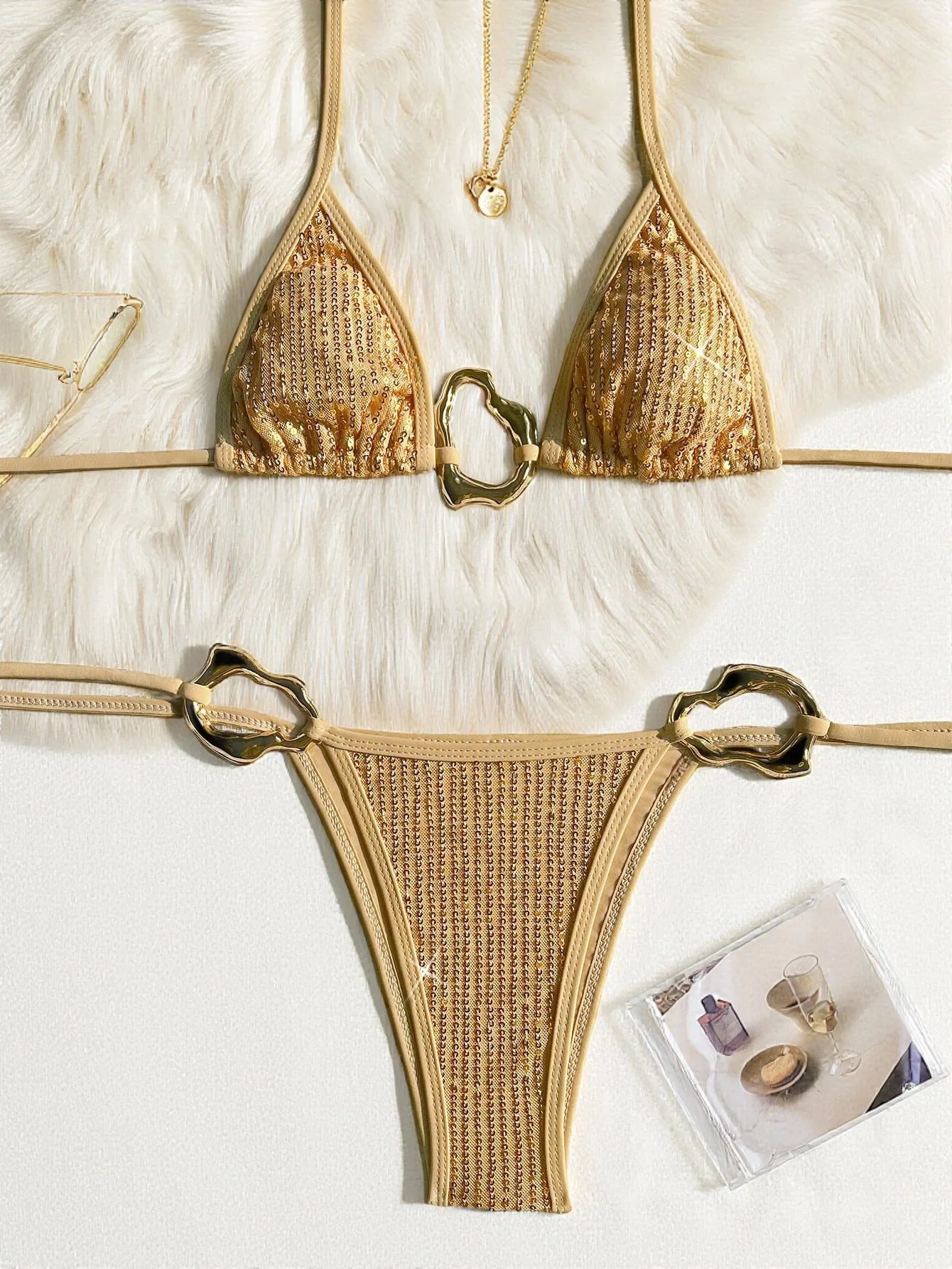 Sexy Glitter Sequin Gold Bikinis Sets Women 2026 Metal Circle Push Up Tie Side Thong Swimsuit Beach Bathing Suit Micro Swimwear