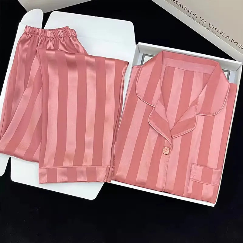 High Quality Ice Silk Light Luxury Pajamas Women's Pajama Spring and Autumn Style Long Sleeve Home Set Satin Nightwear Sleepwear