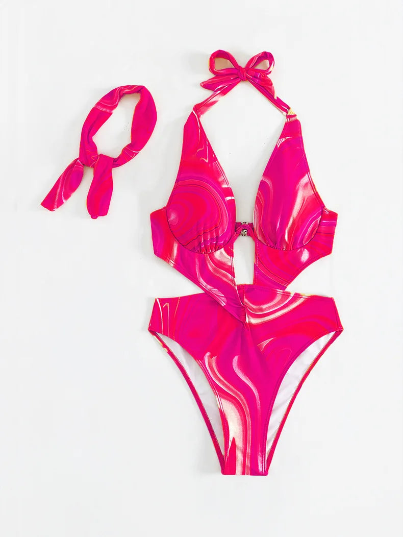 Orange Tie Dye Gradient One Piece Swimsuit 2025 Women Hollow Out Underwire Backless Monokini Beach Bathing Suit Band Swimwear
