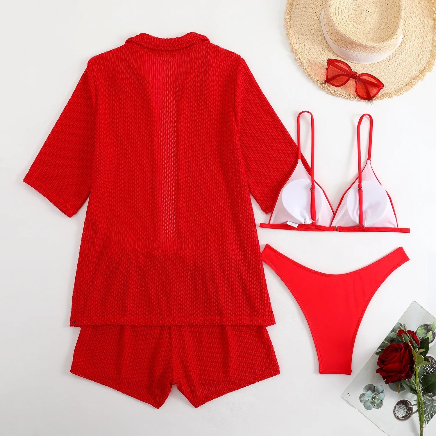 Summer 4 Piece Bikinis Sets Women Black White Mesh Half Sleeve Cover Up with High Waist Panties Swimsuit Bathing Suit Swimwear