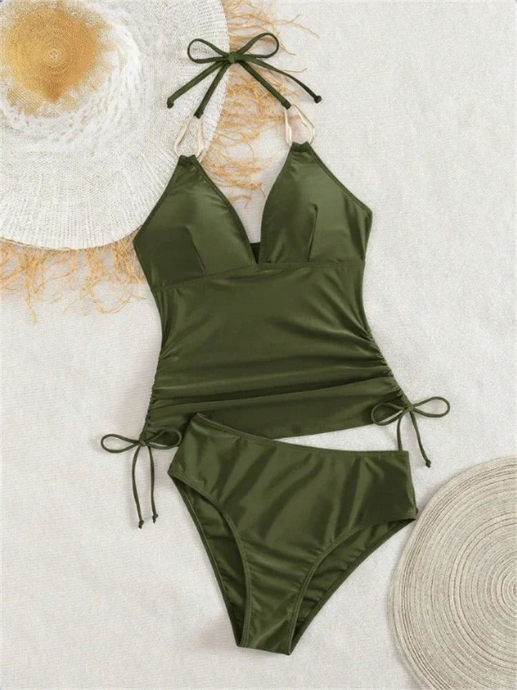 Vintage Black Two Piece Bikini Set 2026 Women Metal Buckle Strap V Neck Pleate Tank Top High Waist Bikini Bathing Suit Swimwear