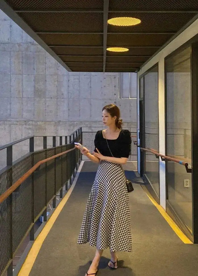 WOMENGAGA Korea Style 2023 Spring/Summer New High Waist Elegant Split Plaid Skirts Half Length Skirts Fashion Women 2023 22IV