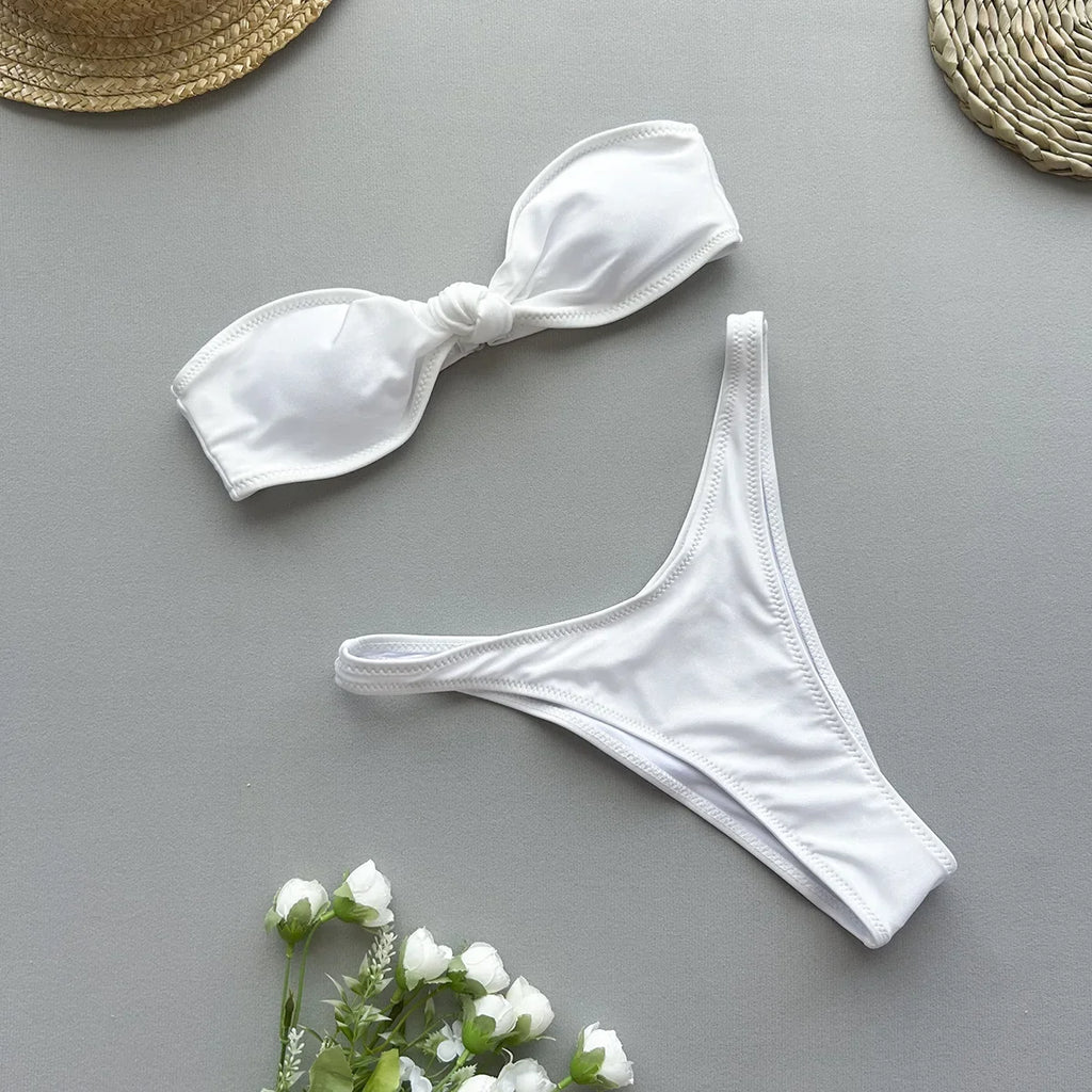 Sexy Front Tie Bow Bikini Set Women Black Bandeau Push Up Bra Micro Swimsuit 2024 Beach Bathing Suit Thong Swimwear Biquini