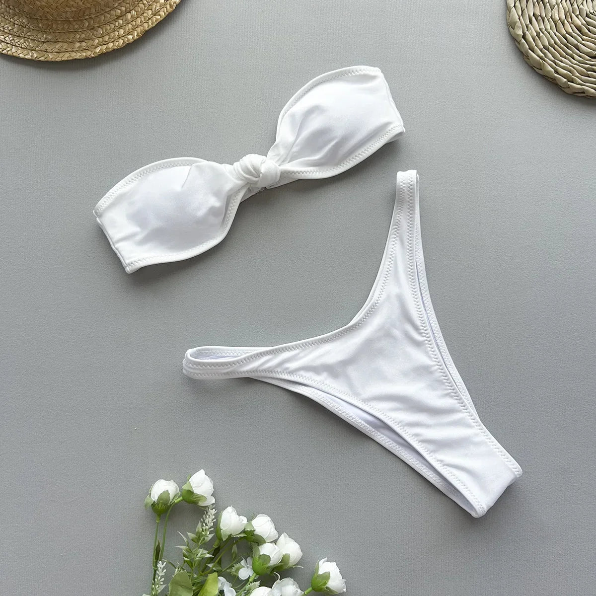 Sexy Front Tie Bow Bikini Set Women Black Bandeau Push Up Bra Micro Swimsuit 2024 Beach Bathing Suit Thong Swimwear Biquini