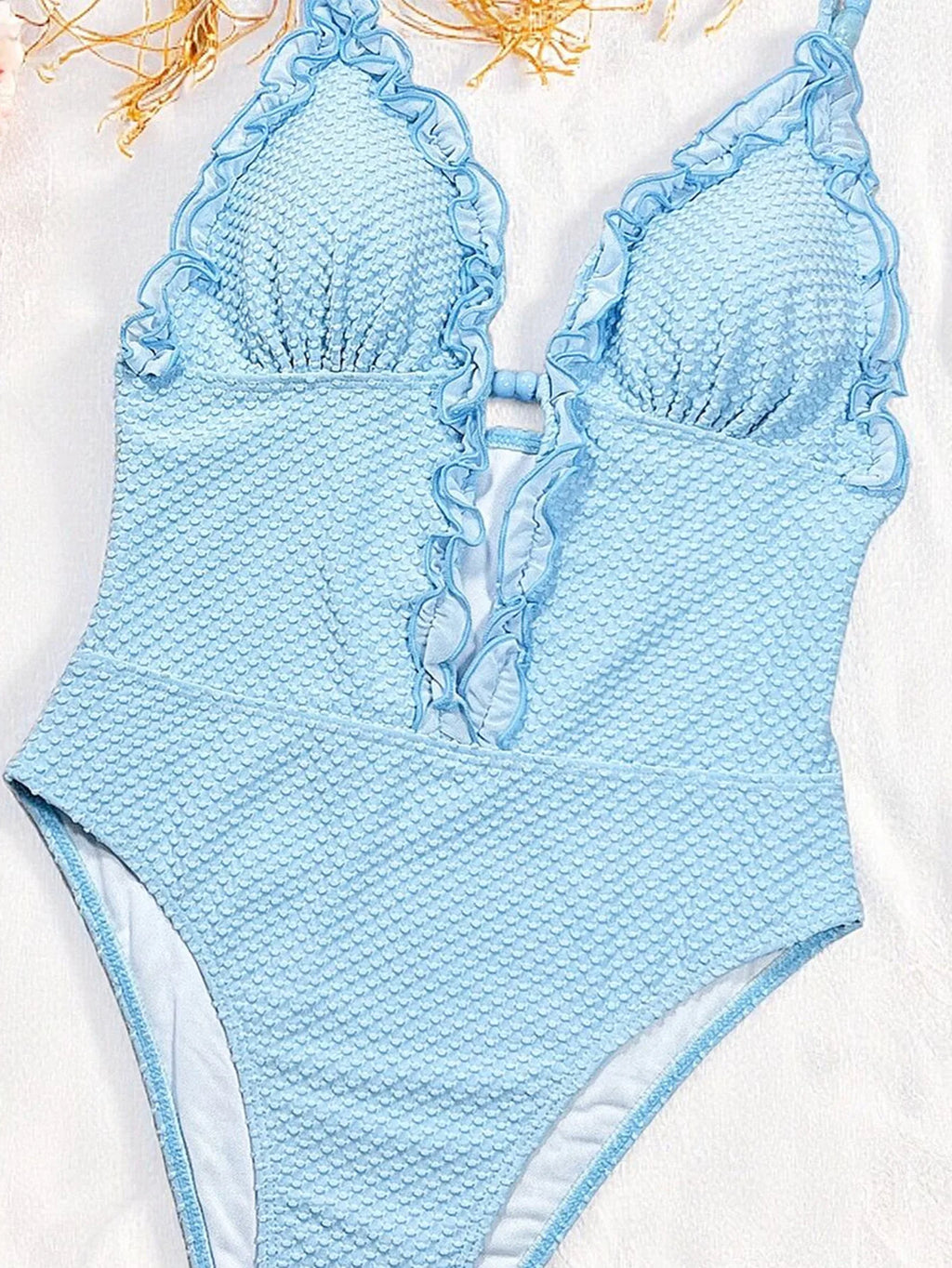 Sexy Lace Trim Swimwear Women 2026 Sky Blue Deep V Neck Slim Tummy Control One Piece Swimsuit Beach Holiday Bathing Suit Bikini