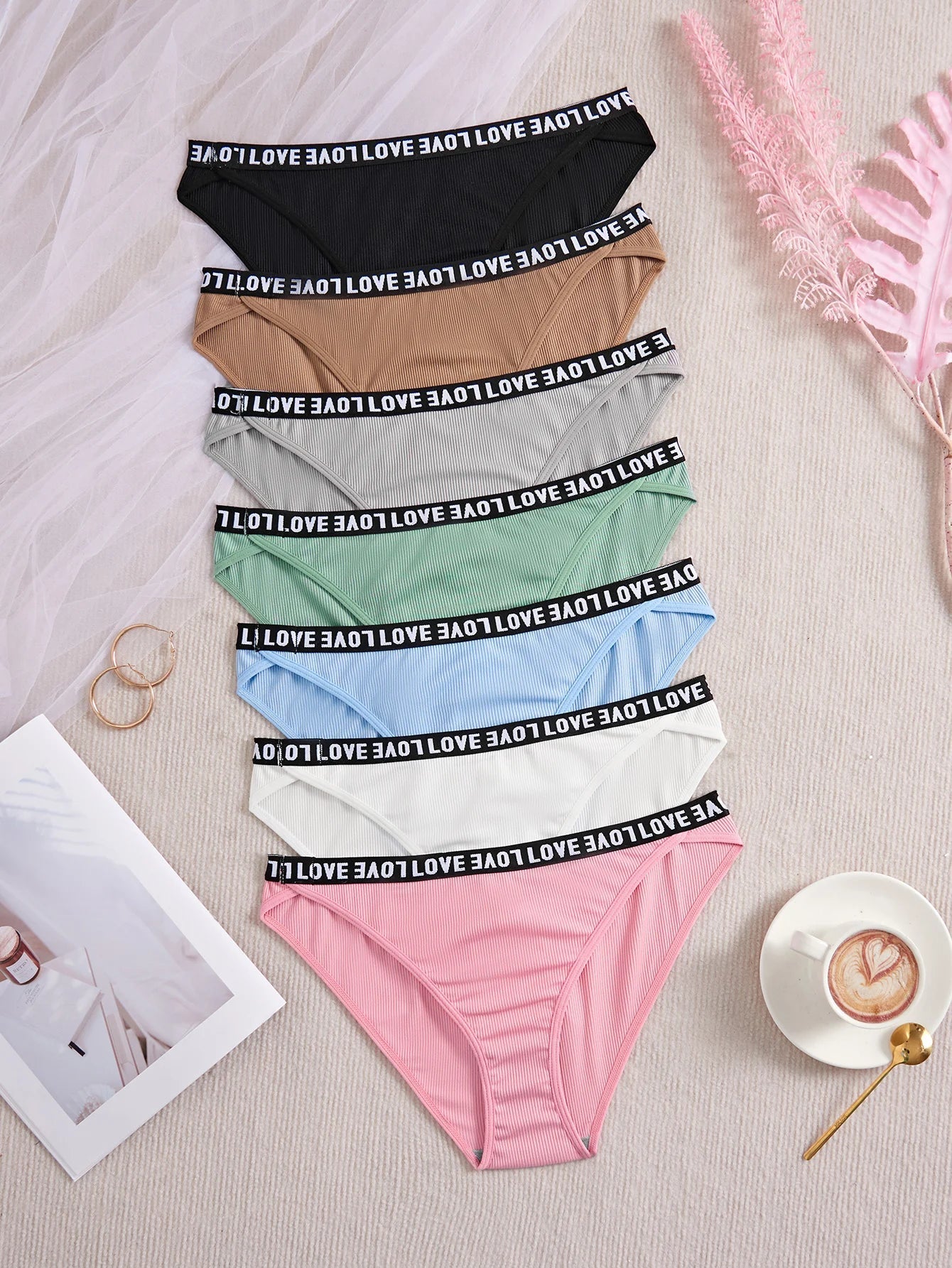 7-Pack Solid Color Everyday Sexy Ribbed Fabric Letter-Decorated Soft Women's Panties, Comfortable Elastic Briefs for Women, Sizes Xs-Xl