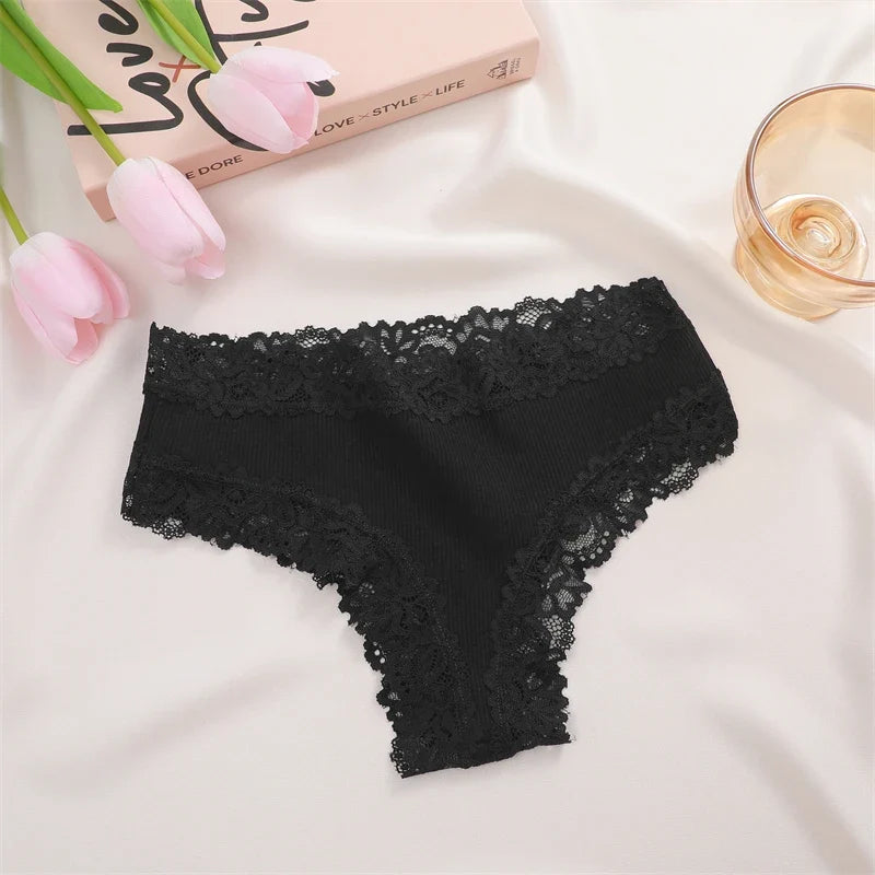 3Pcs Women Cotton Brazilian Pants Sexy Lace Brazilian Briefs Low Waist Floral Solid Color G-string Breathable Soft Lingerie