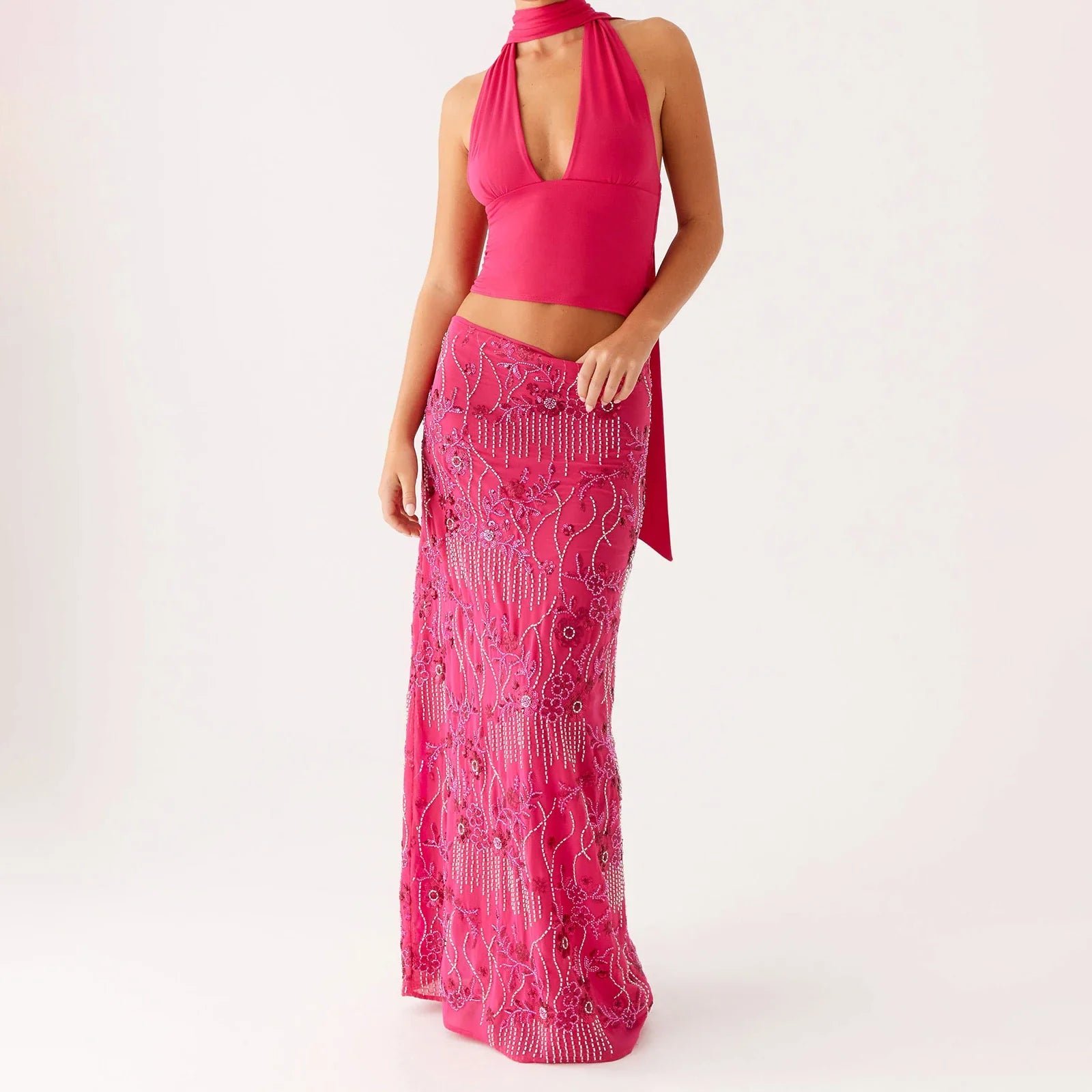 Elegant Beading Sequined Long Skirt for Women Summer Casual Floral Embroidery Maxi Straight Skirts for Beach Club Streetwear