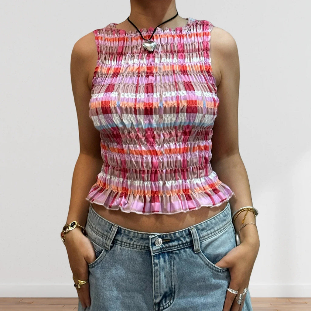 Women Summer Smock Tank Tops Casual Fashion Ruffle Hem Plaid Print Sleeveless Shirt Basic Vest Streetwear