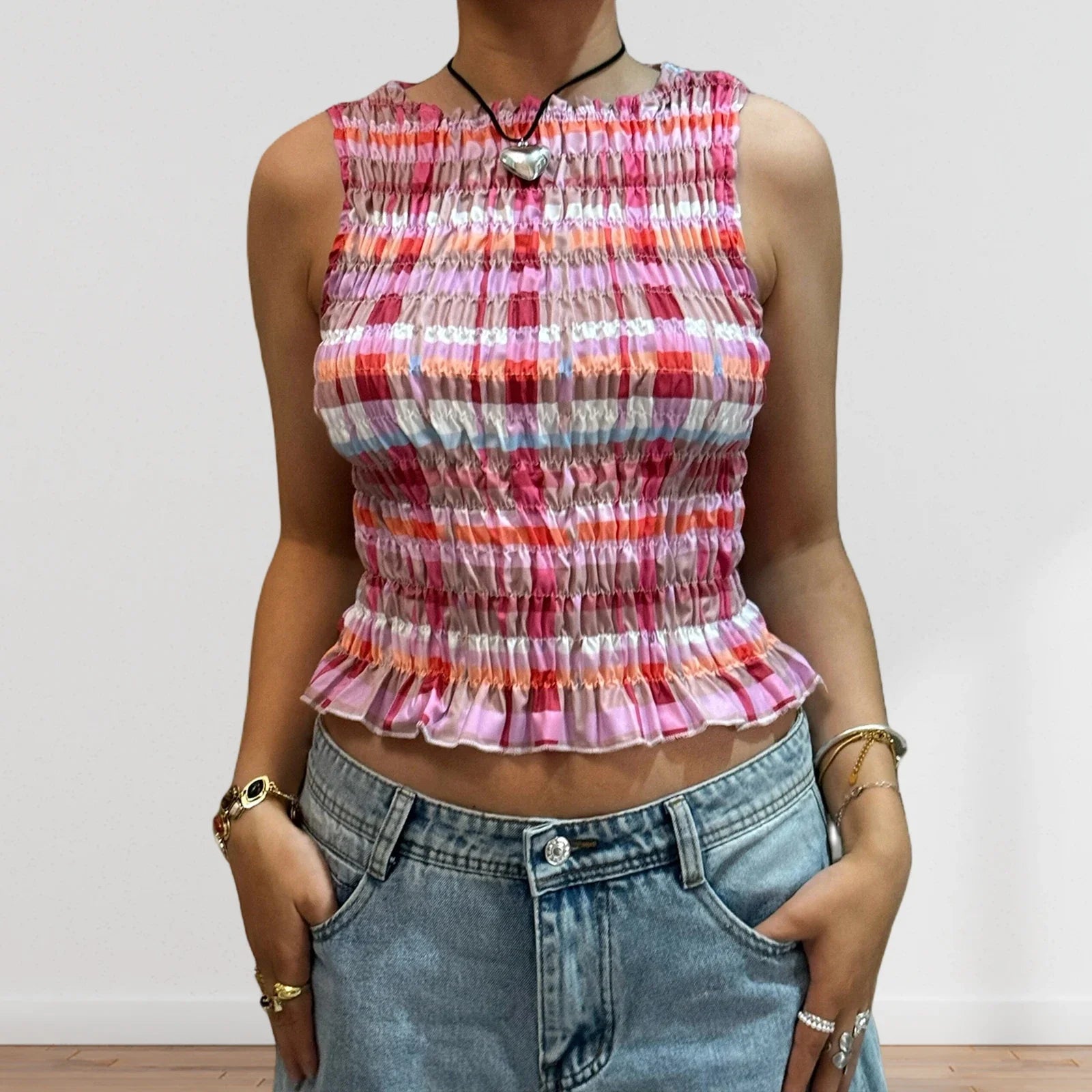 Women Summer Smock Tank Tops Casual Fashion Ruffle Hem Plaid Print Sleeveless Shirt Basic Vest Streetwear