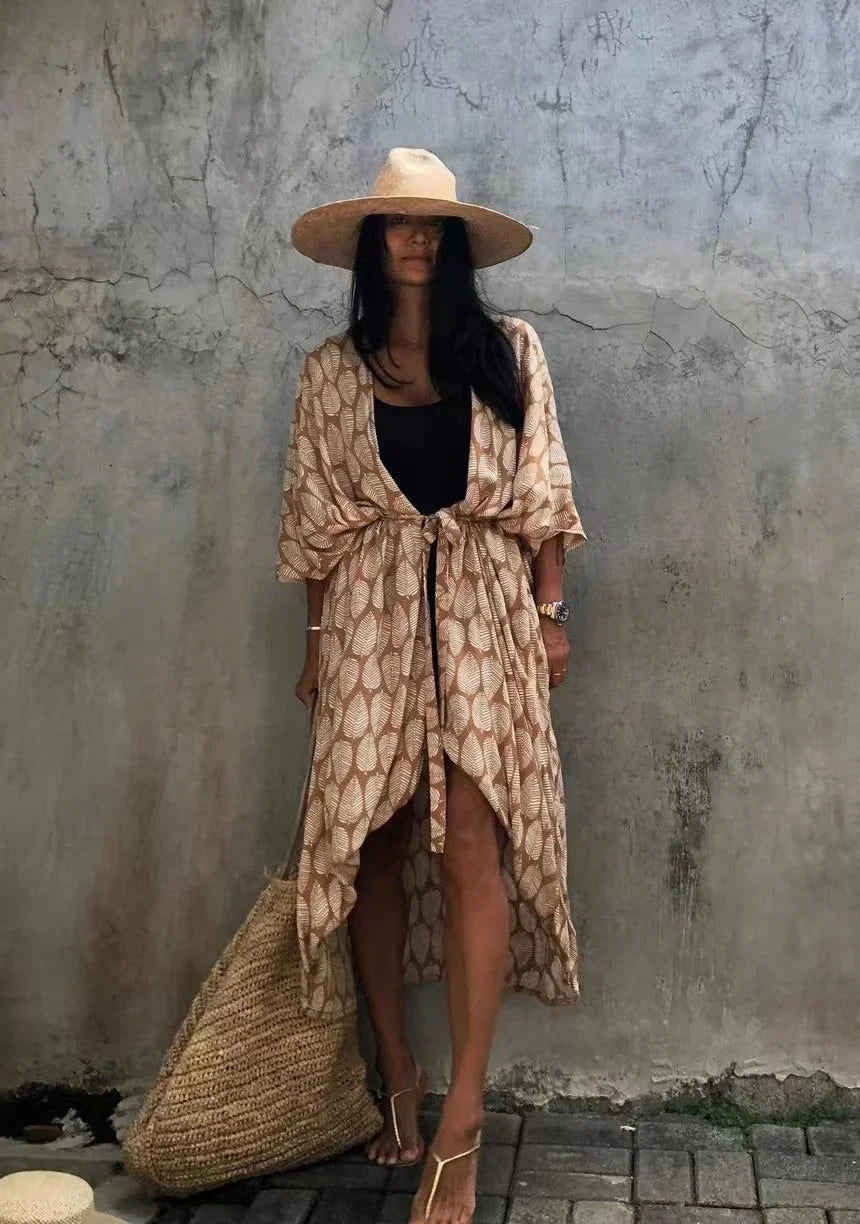 2024 New Summer Sexy Beach Kimono Swimwear Cotton Cover Up Swimsuit Women Print Bikini Cover Up Beachwear Dress Robe