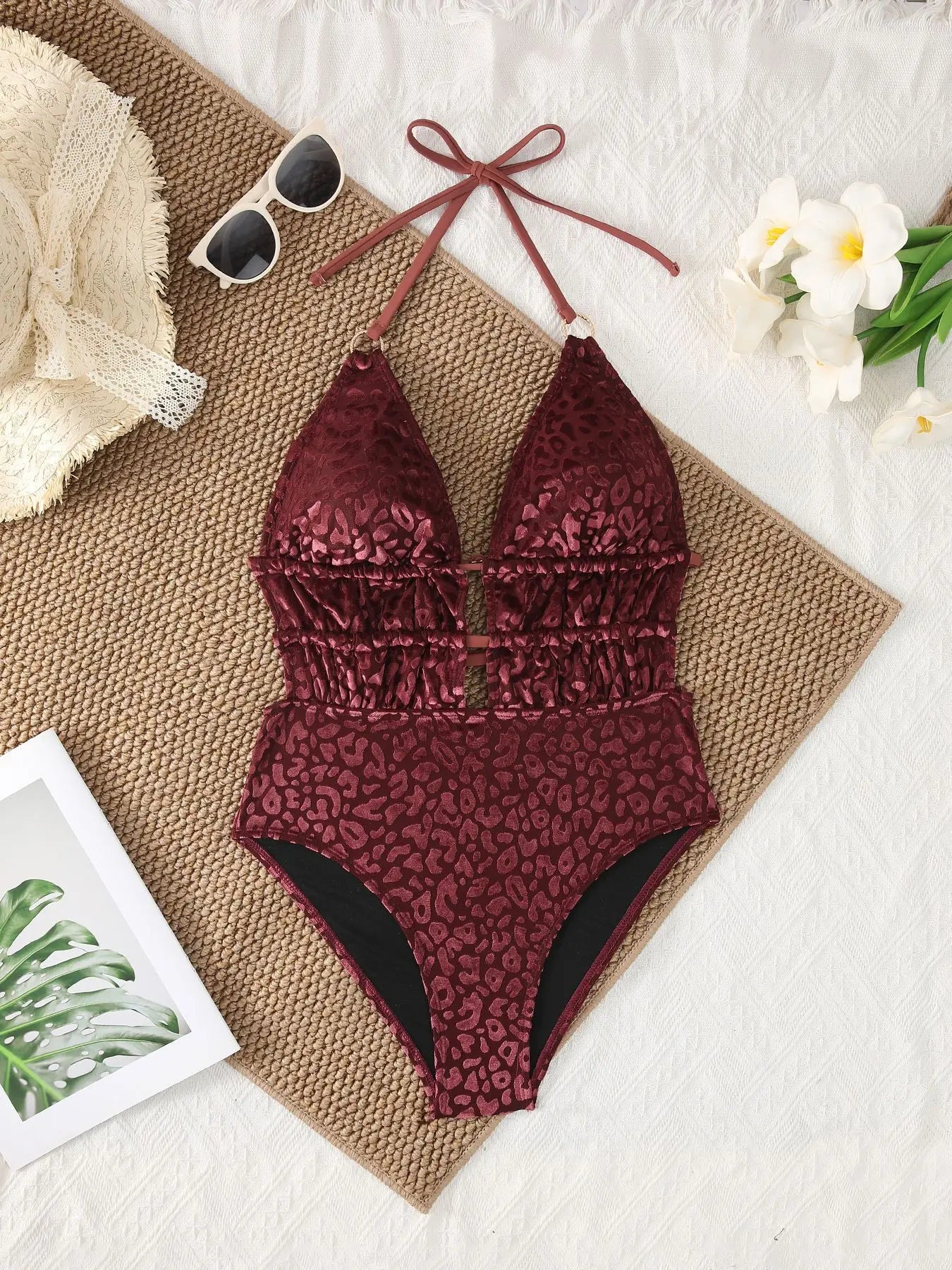 Vintage Wine Leopard Print Swimwear Women 2026 Deep V Neck Back Cross Tummy Control One Piece Swimsuit Holiday Bathing Suit