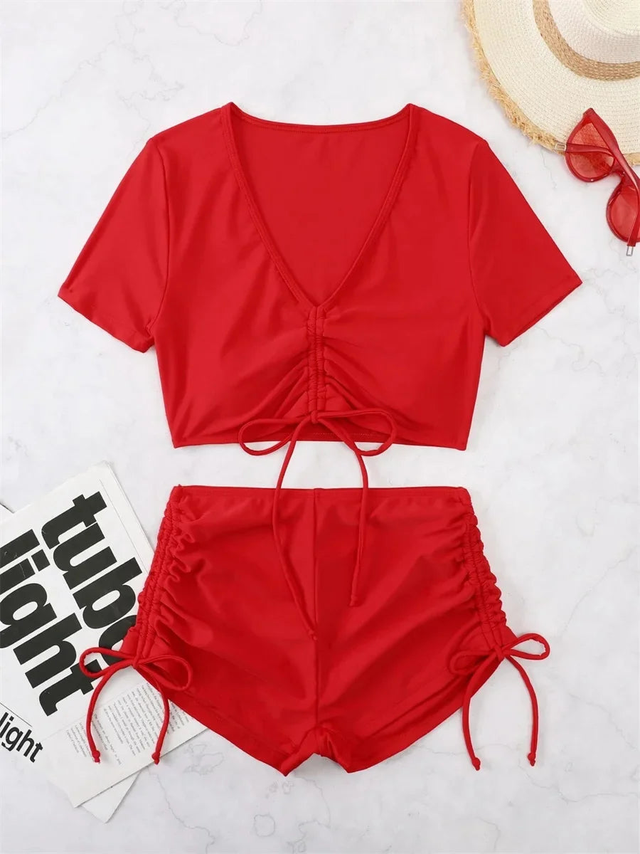 Sexy Drawstring Bikini Set 2026 Women Green Black Short Sleeve Two Piece Swimsuit Summer Bathing Suit Pleate High Waist Swimwear