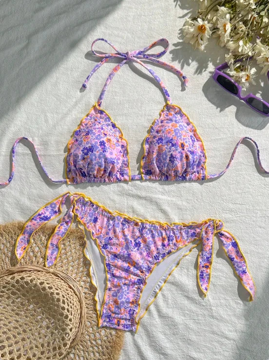 Cute Orange Floral Print Bikini Set Women Halter Ruffles Push Up Tie Side Thong Swimsuit 2026 Summer Bathing Suit Micro Swimwear